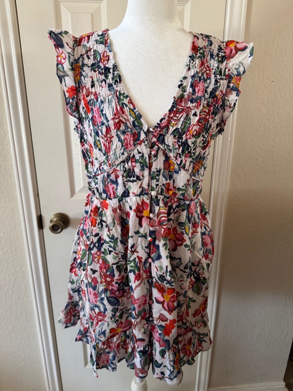 By Anthropologie Floral Smocked Mini Dress | Size M Ruffle cotton Multicolor - Picture 3 of 9